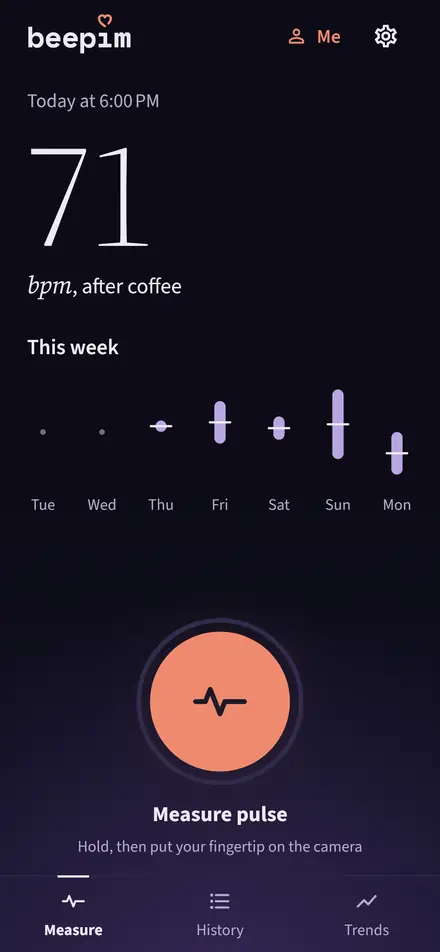 Beepim home screen: last pulse 71 bpm after coffee, this week at a glance and the Measure pulse button